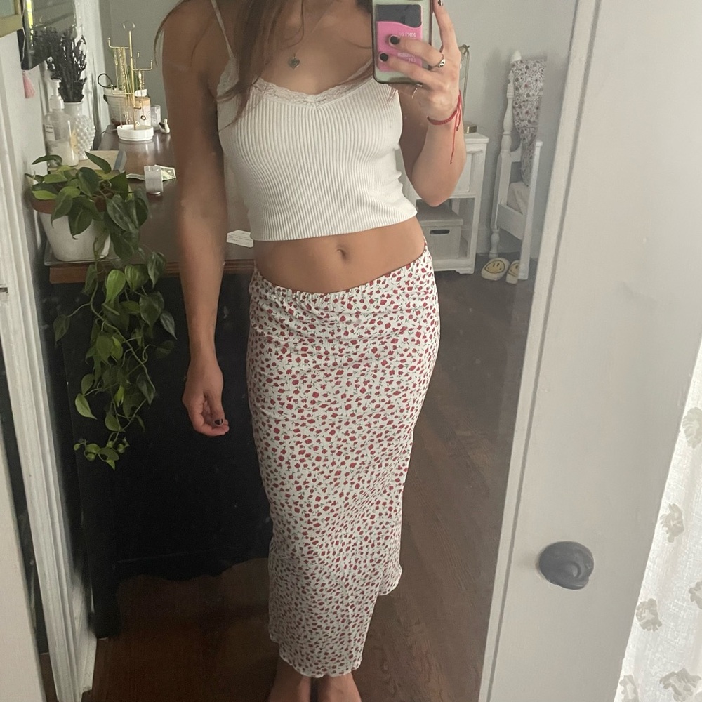 Red and green floral maxi skirt